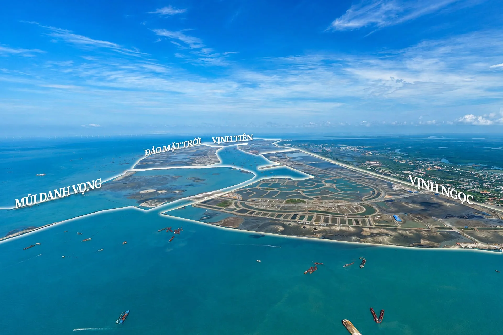 Toàn cảnh các phân khu Mũi Danh Vọng, Đảo Mặt Trời, Vịnh Tiên nhìn từ trên cao tại Vinhomes Green Paradise