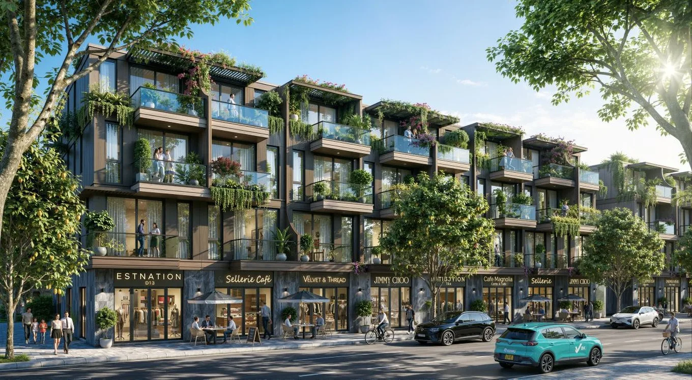 Dãy phố thương mại với các cửa hàng, quán cà phê tại khu Vinhomes Saigon Park