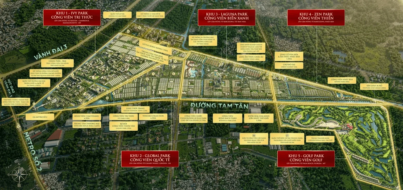 Sơ đồ quy hoạch 5 khu chức năng của Khu đô thị Đại học Quốc tế Vinhomes