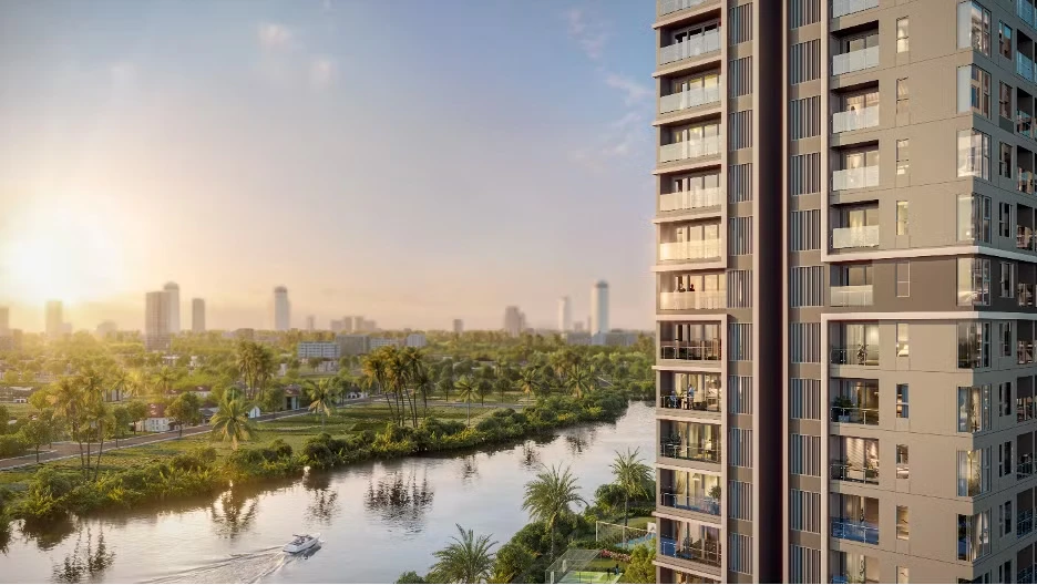 Phối cảnh tòa tháp Trellia Vista tại khu đô thị Mizuki Park nhìn ra kênh nước