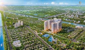 Toàn cảnh các tòa tháp phân khu Masteri Vinhomes Saigon Park nhìn từ trên cao, xung quanh là cây xanh và hồ cảnh quan nội khu