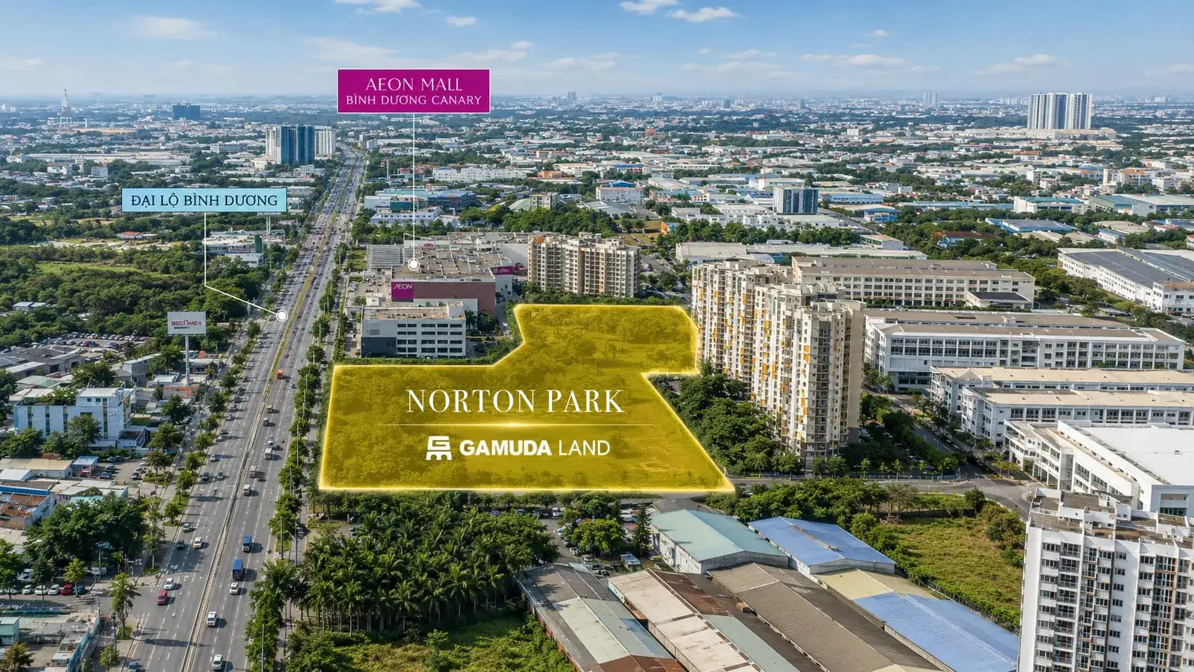 Vị trí dự án Norton Park cạnh Aeon Mall Bình Dương Canary, mặt tiền Đại lộ Bình Dương