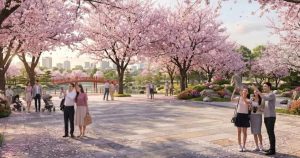 Công viên Nhật Bản Zen Park tại Vinhomes Hóc Môn với cây hoa anh đào và hồ cá koi